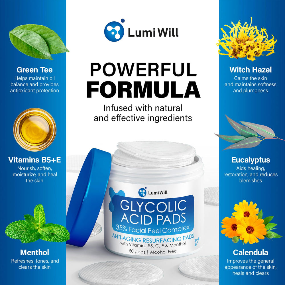LUMI WILL Glycolic pad application close-up showing gentle swipe