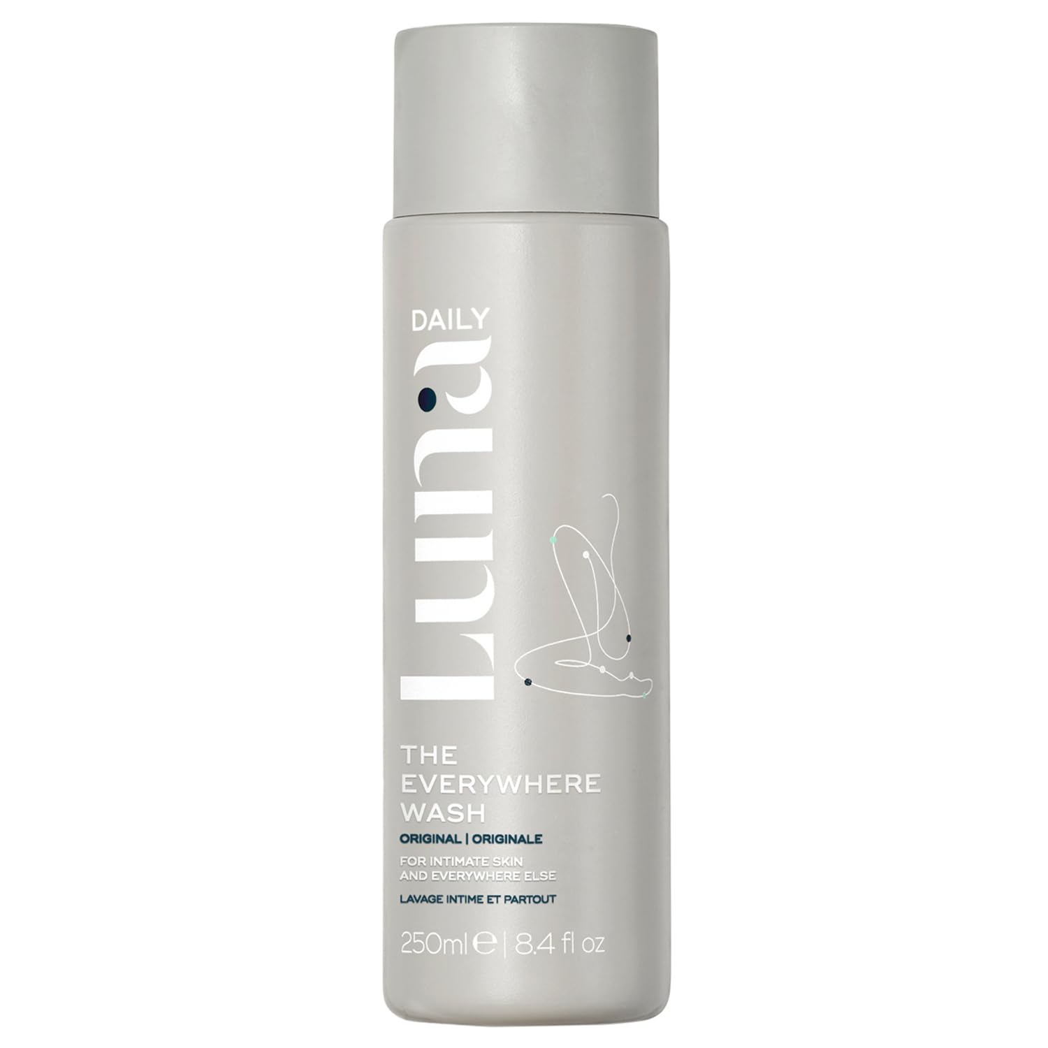 Luna Daily Feminine Wash bottle pour shows gentle cleansing with jasmine-ylang aroma.