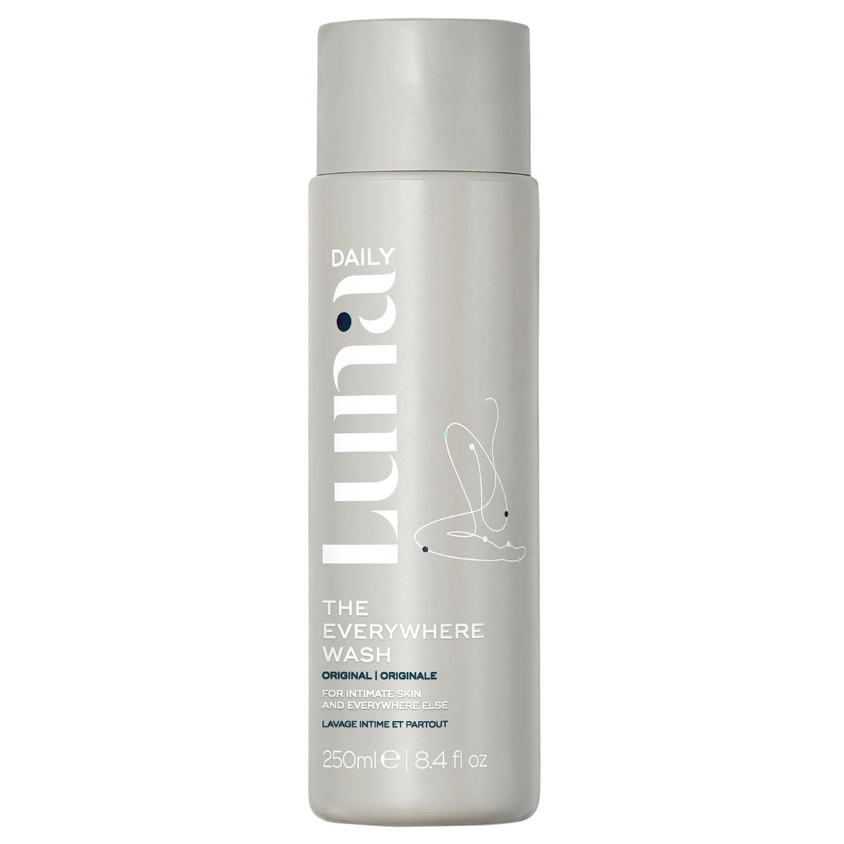 Luna Daily Feminine Wash bottle pour shows gentle cleansing with jasmine-ylang aroma.