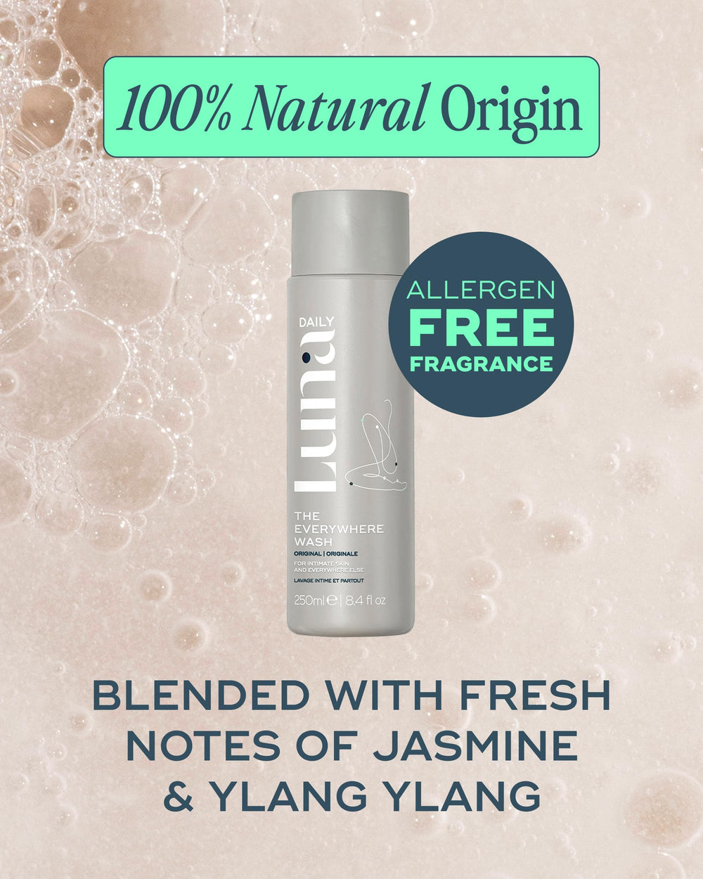 Luna Daily Feminine Wash foam texture demonstrates mild cleansing lather.