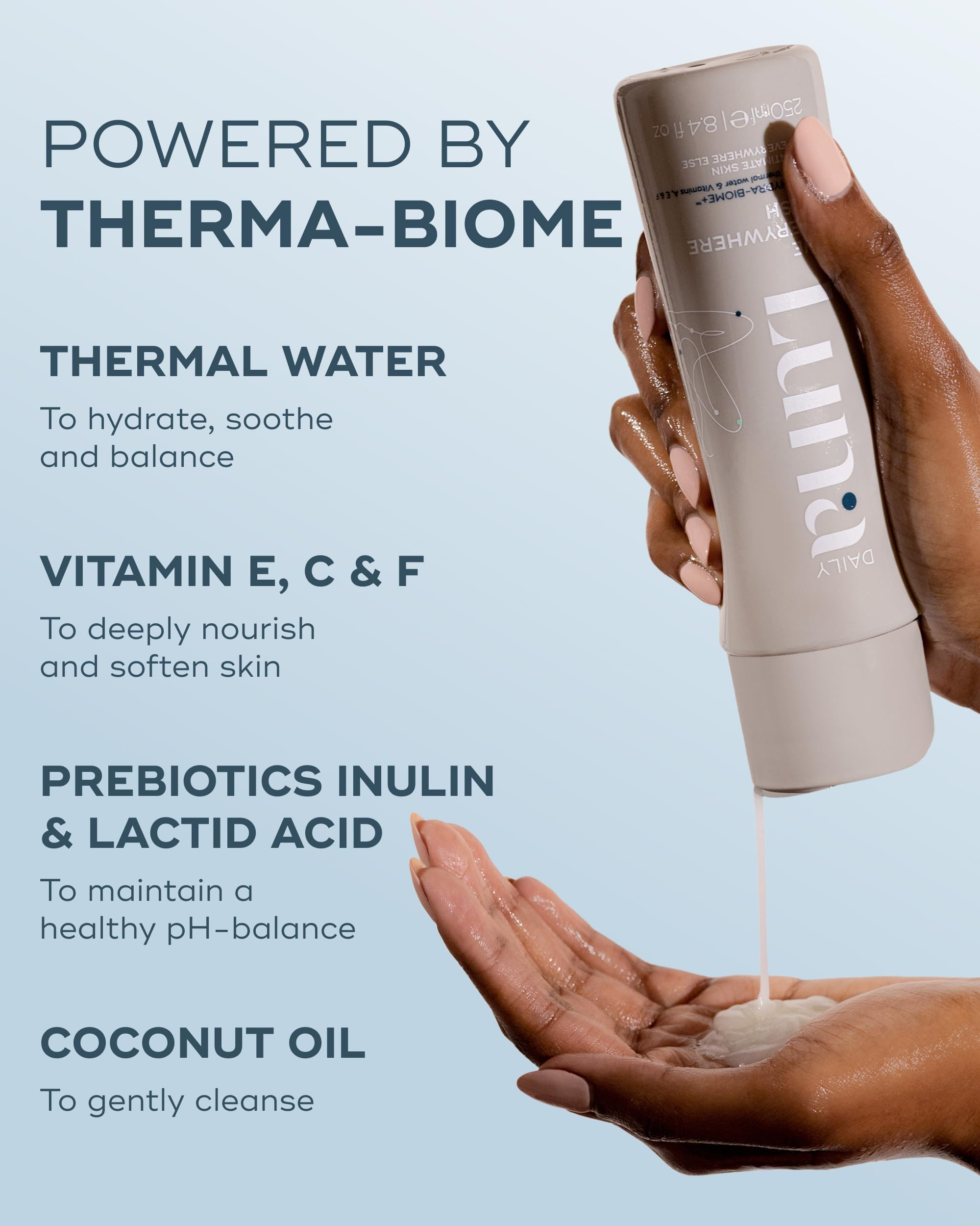 Luna Daily Feminine Wash used with hands for daily gentle cleansing.