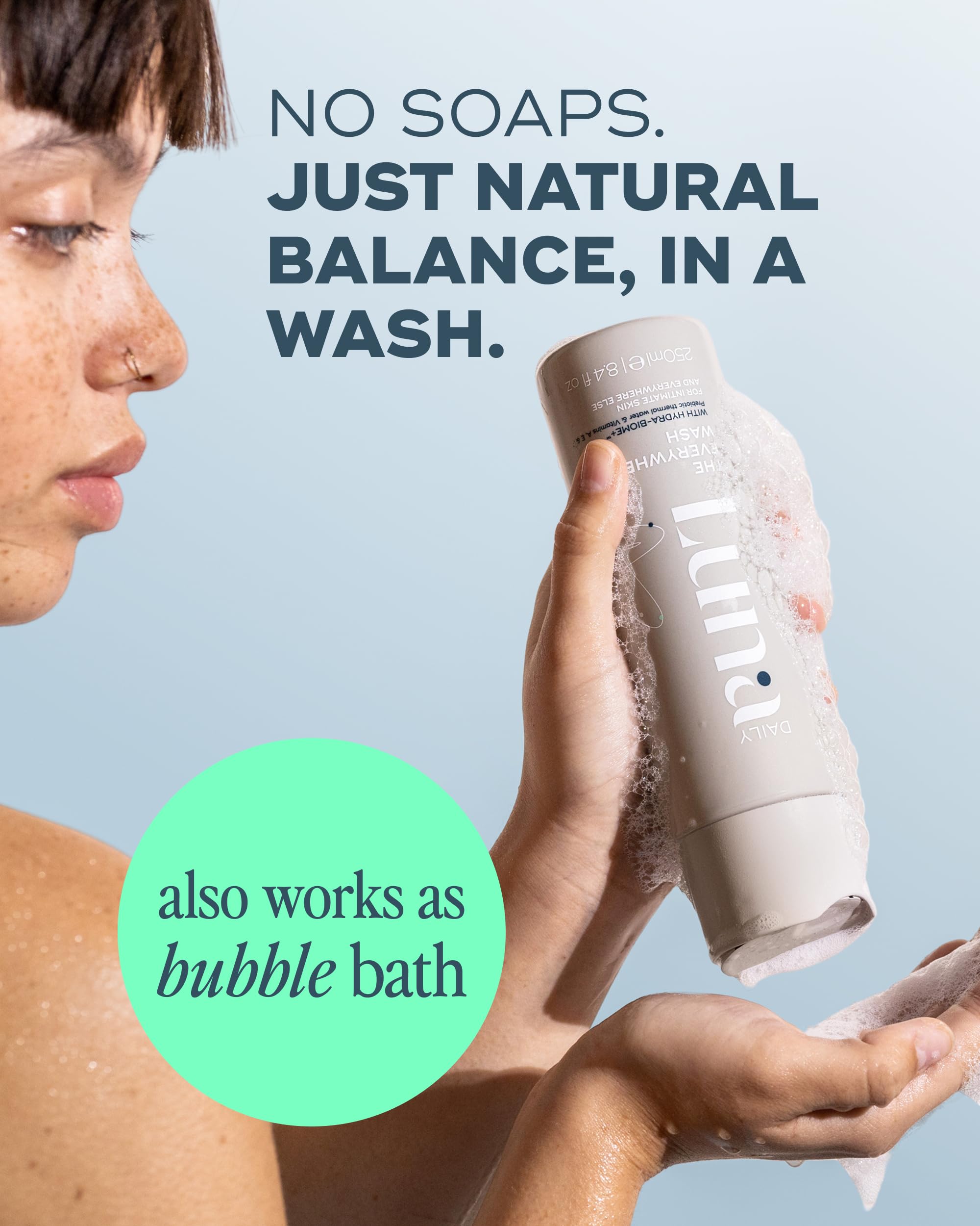 Luna Daily Feminine Wash prebiotic lactic acid supports skin microbiome balance.