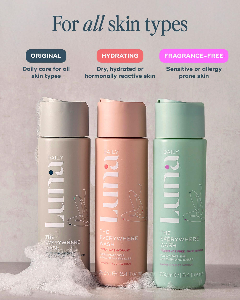 Luna Daily Feminine Wash pregnancy-safe label signals gentle daily care.