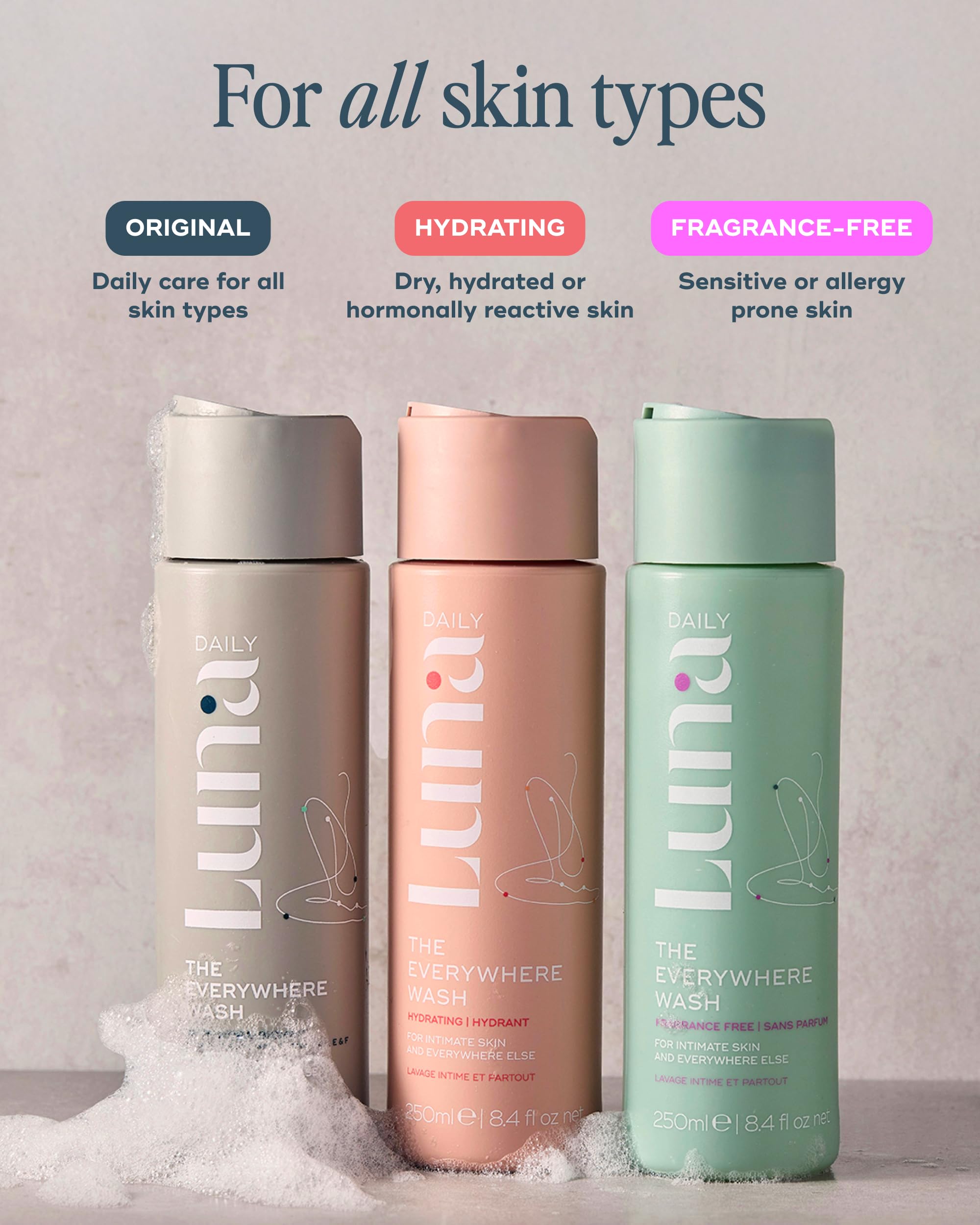 Luna Daily fragrance-free foaming cleanse respects intimate areas.