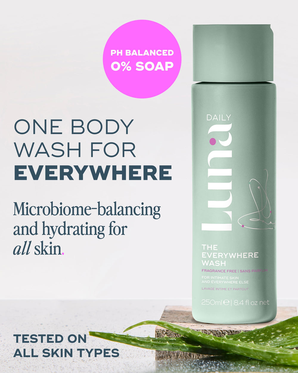 Luna Daily fragrance-free feminine wash ingredients showcase skin microbiome support.