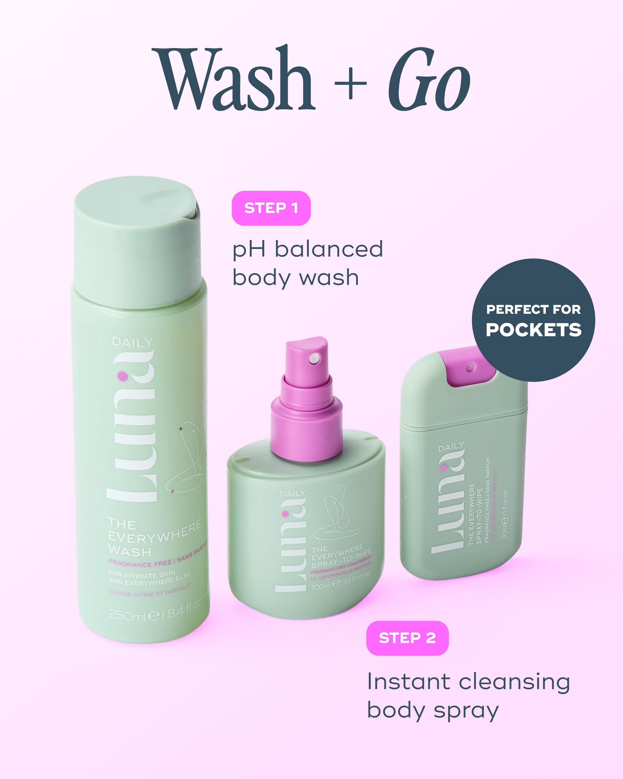Luna Daily fragrance-free wash on display, suitable for pregnancy and sensitive skin.