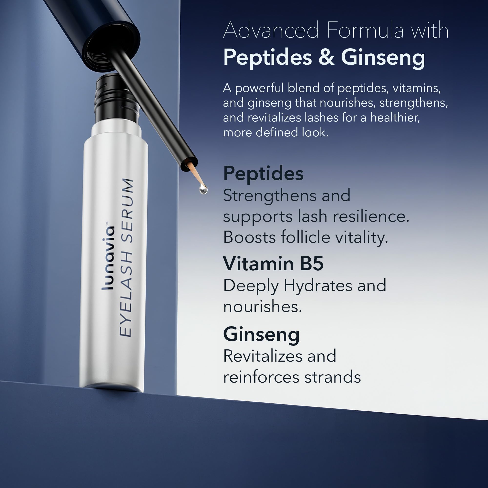 Lunavia Eyelash Serum night-application on clean lid for defined lashes.