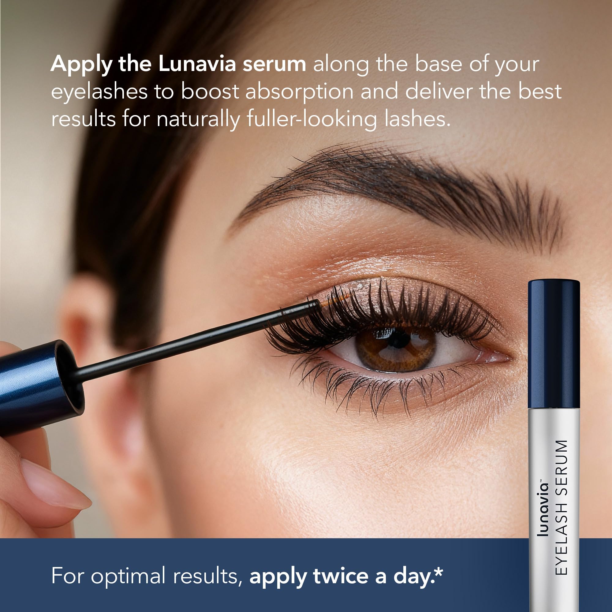 Lunavia Eyelash Serum peptide complex close-up promoting nourished lashes.