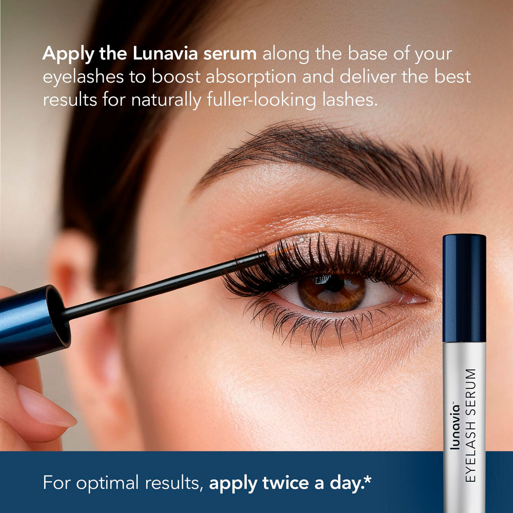 Lunavia Eyelash Serum peptide complex close-up promoting nourished lashes.