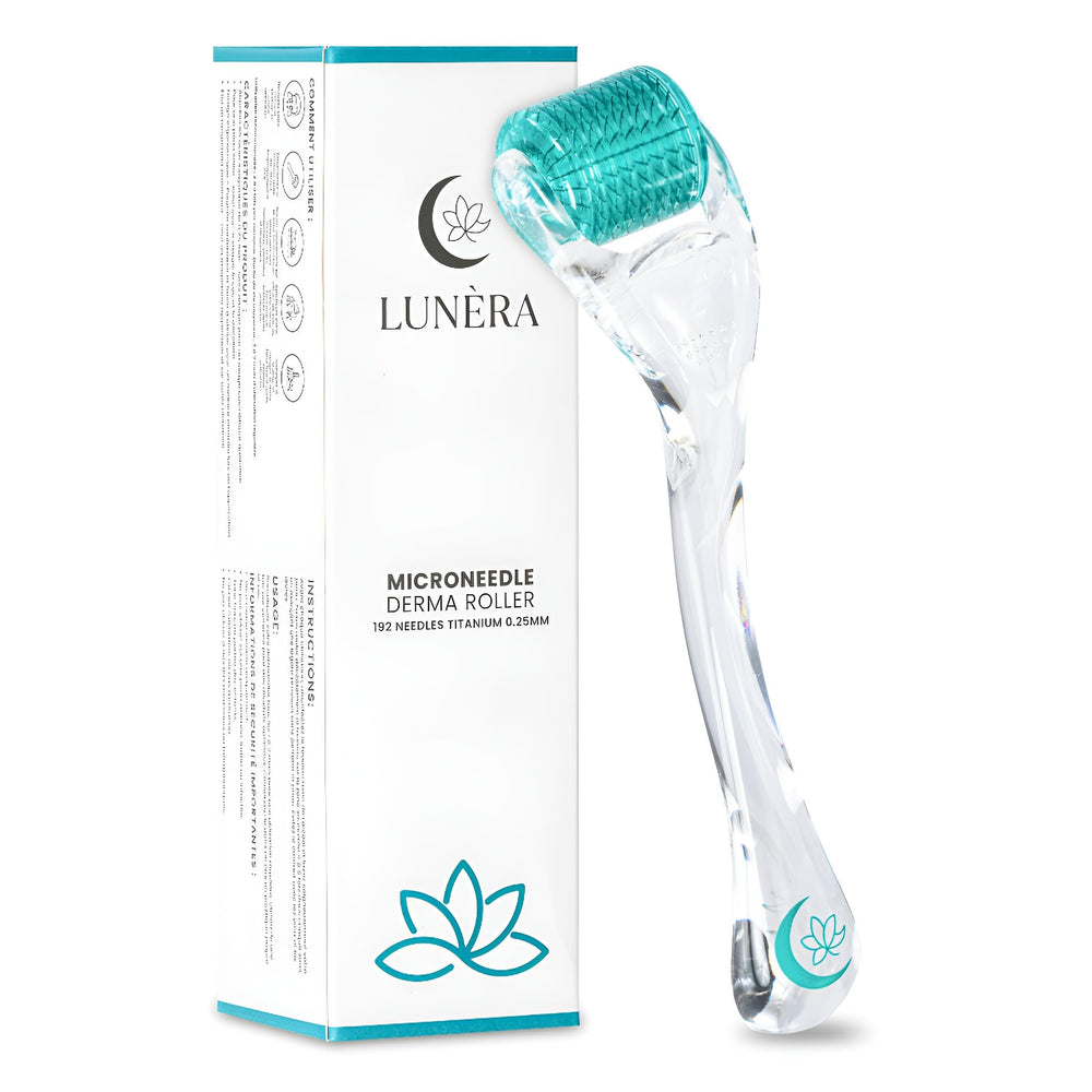 Lunèra derma roller on the face with 0.25mm titanium needles for smoother skin.
