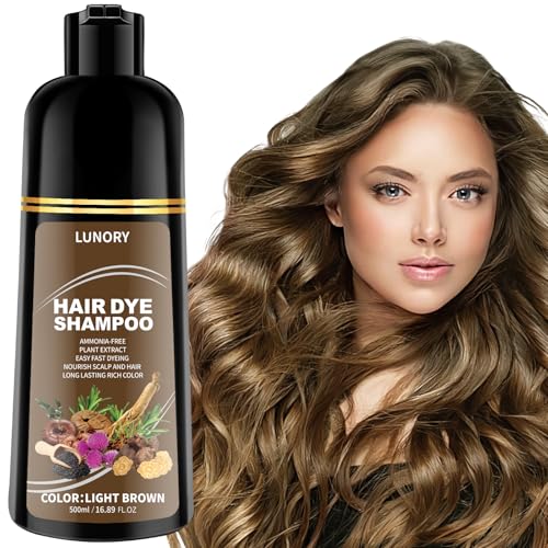 Lunory light brown hair dye shampoo bottle demonstrating at-home salon color potential.