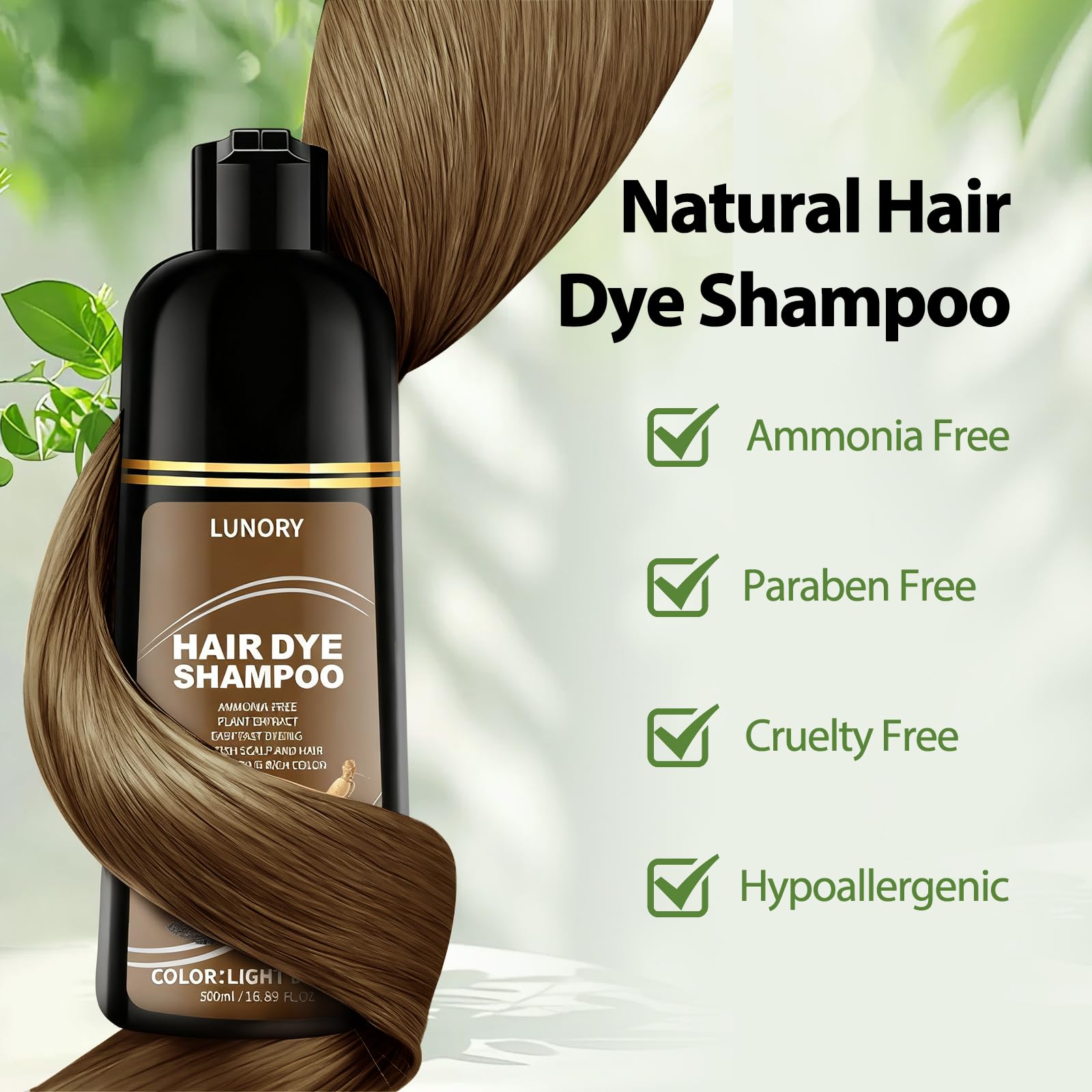 Lunory nourishing botanicals label close-up showing natural hair-care formula.