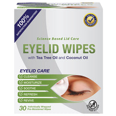 Lunovus tea tree coconut oil formula close-up, soothing cleansing for irritated eyes.