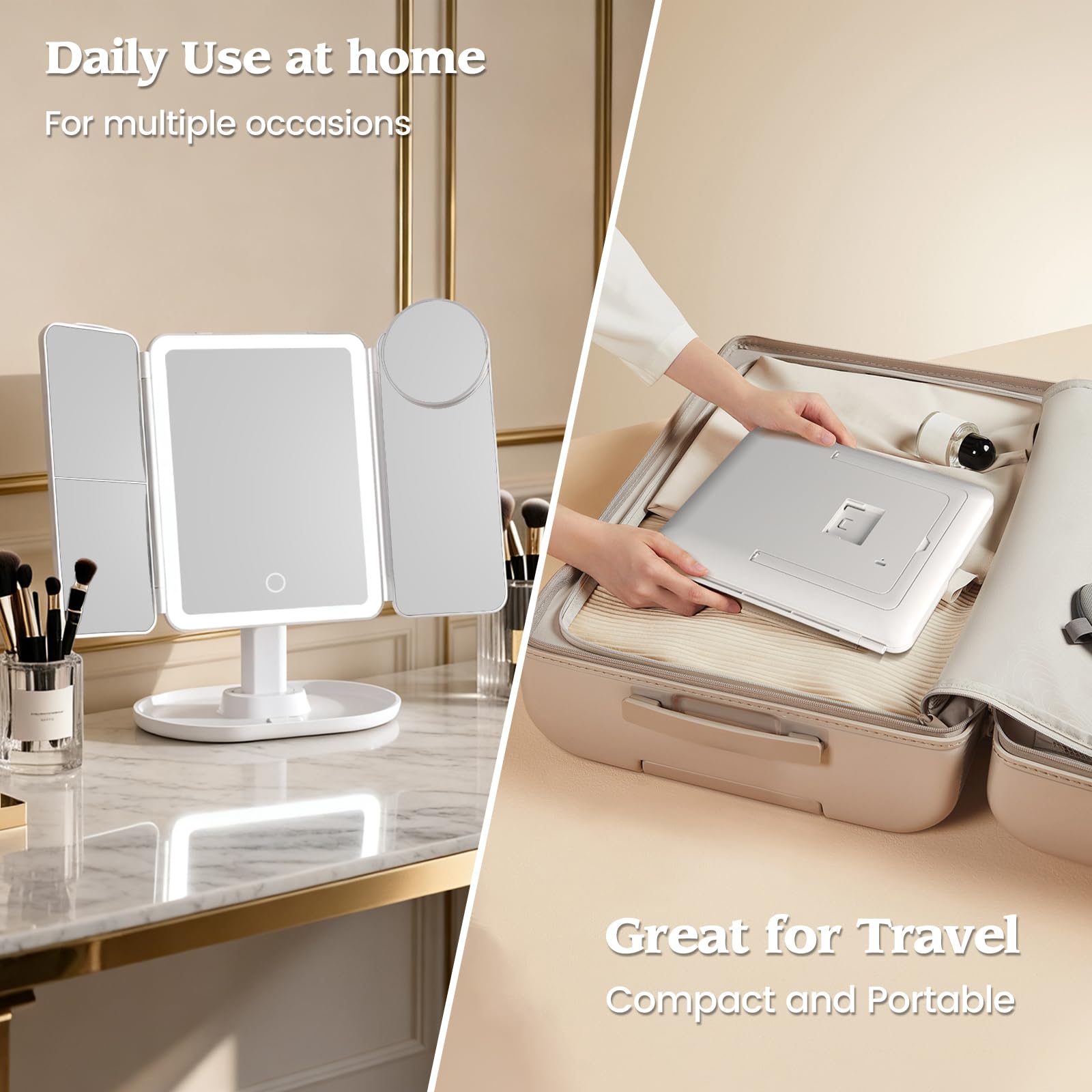 Lupow makeup mirror detachable stand lets you use it anywhere and adjust height.