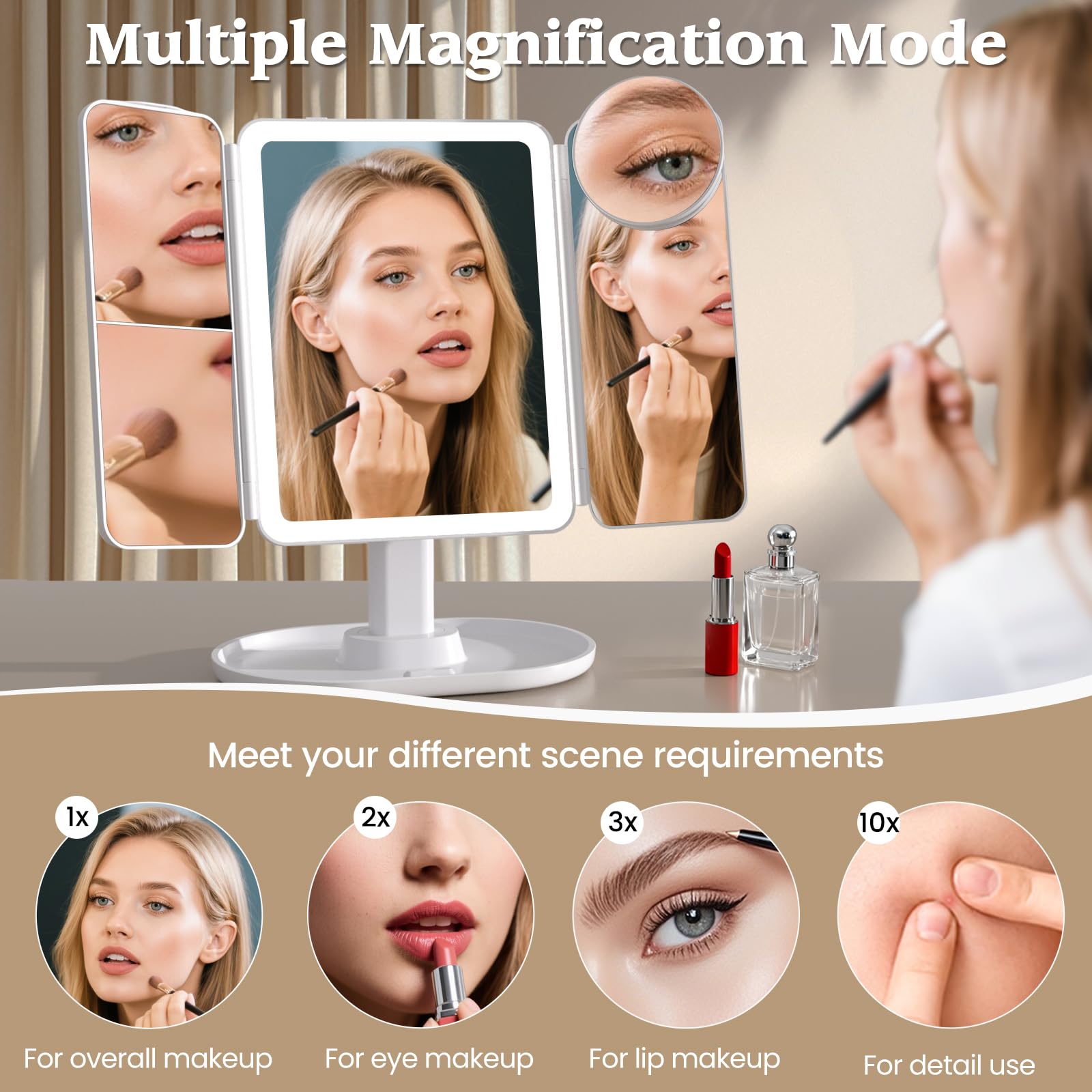 Lupow makeup mirror dresser mount helps angle-adjusted vanity setups with integrated organization.