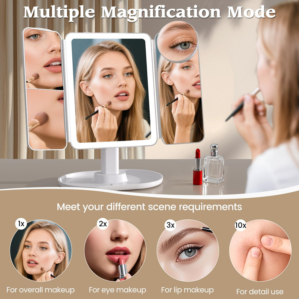 Lupow makeup mirror dresser mount helps angle-adjusted vanity setups with integrated organization.