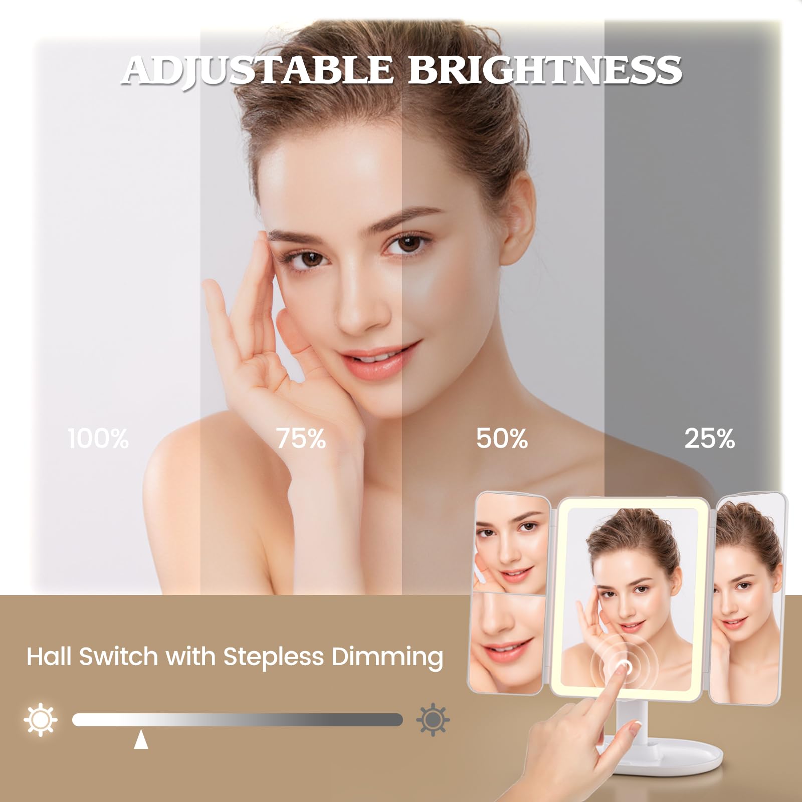 Lupow makeup mirror featuring 52 LED bulbs ensures consistent brightness during makeup.