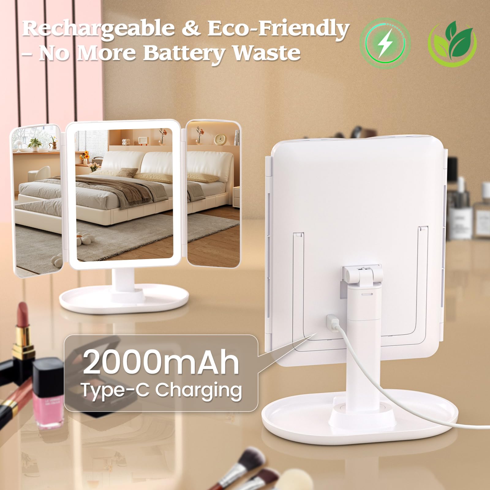 Lupow makeup mirror phone slot holds accessories during routines for tidy vanity.