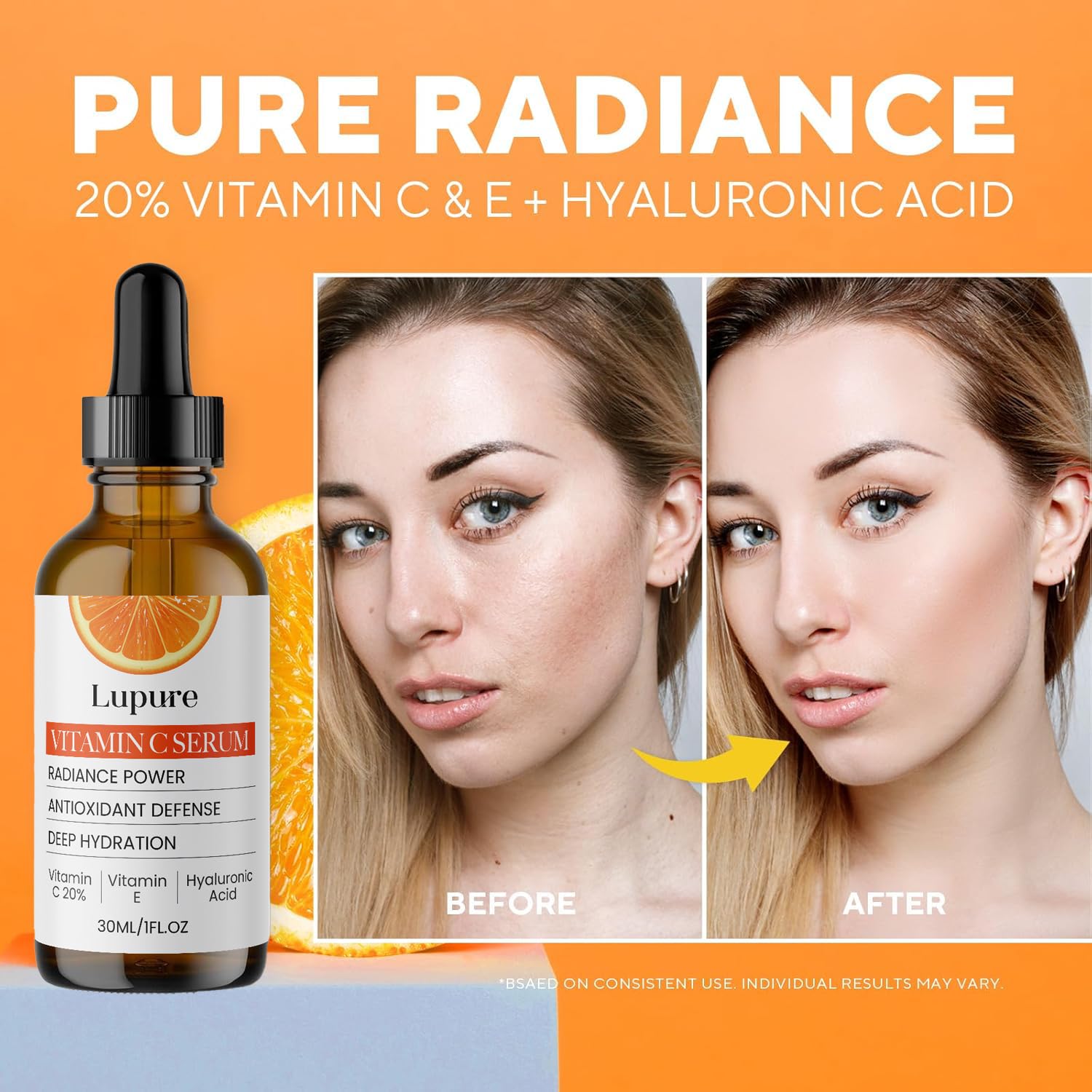 Lupure anti-aging serum in glass bottle with subtle glow