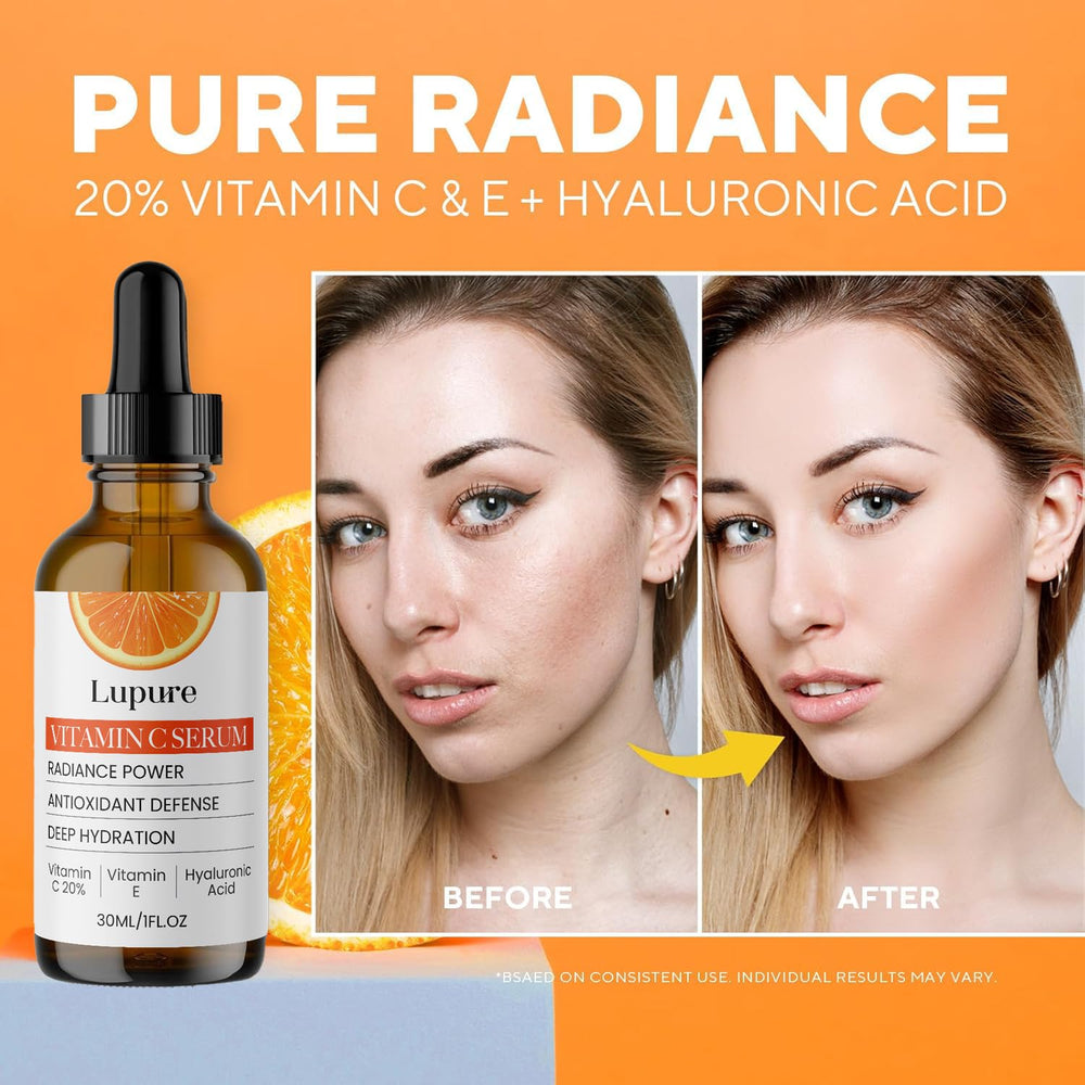 Lupure anti-aging serum in glass bottle with subtle glow