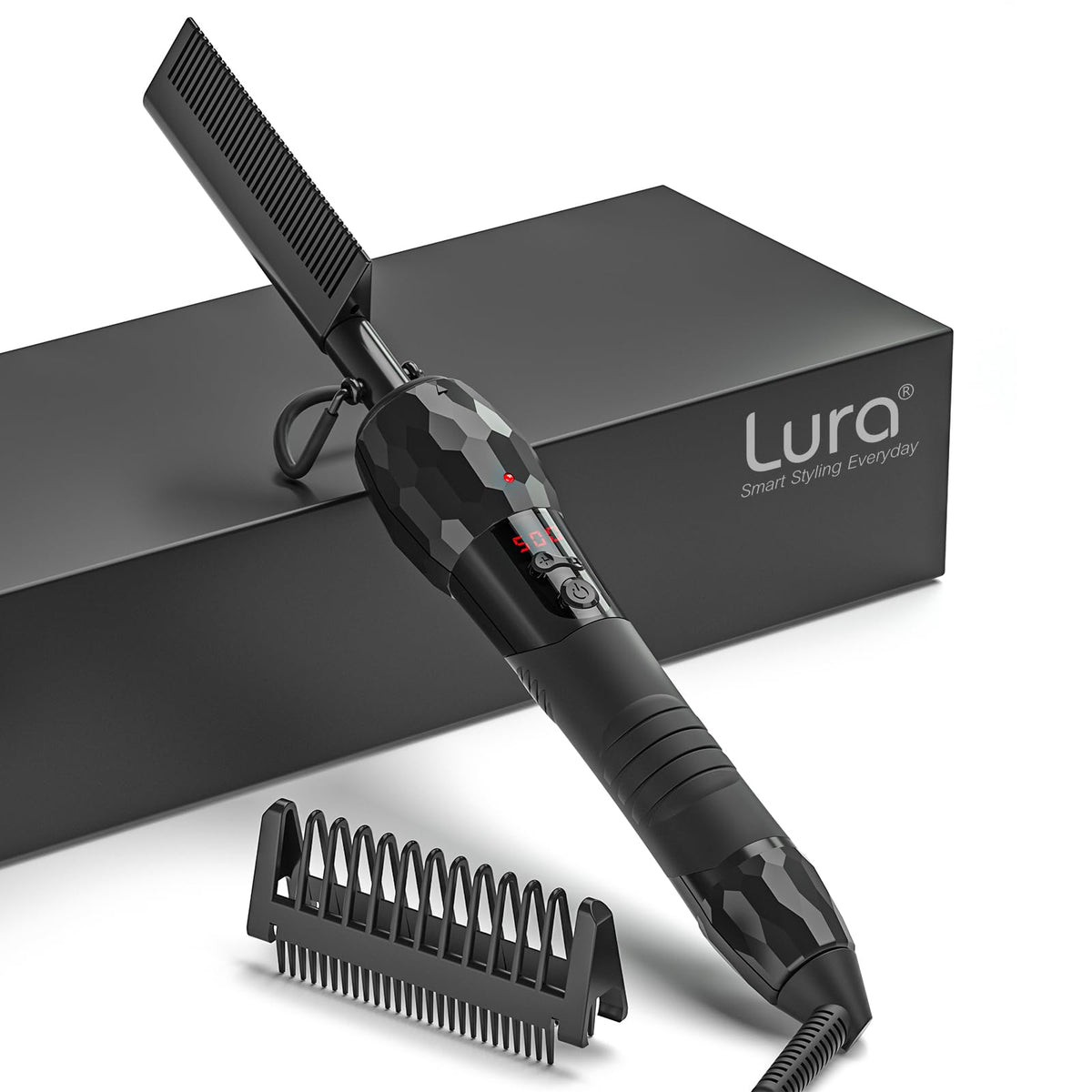 LURA hot comb with digital display shows precise heat control for safe styling.