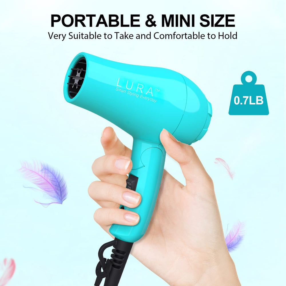 LURA blue travel hair dryer with alci-safety-plug for safer use abroad.