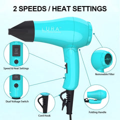 LURA compact travel hair dryer blue performance-drying quick results during trips.