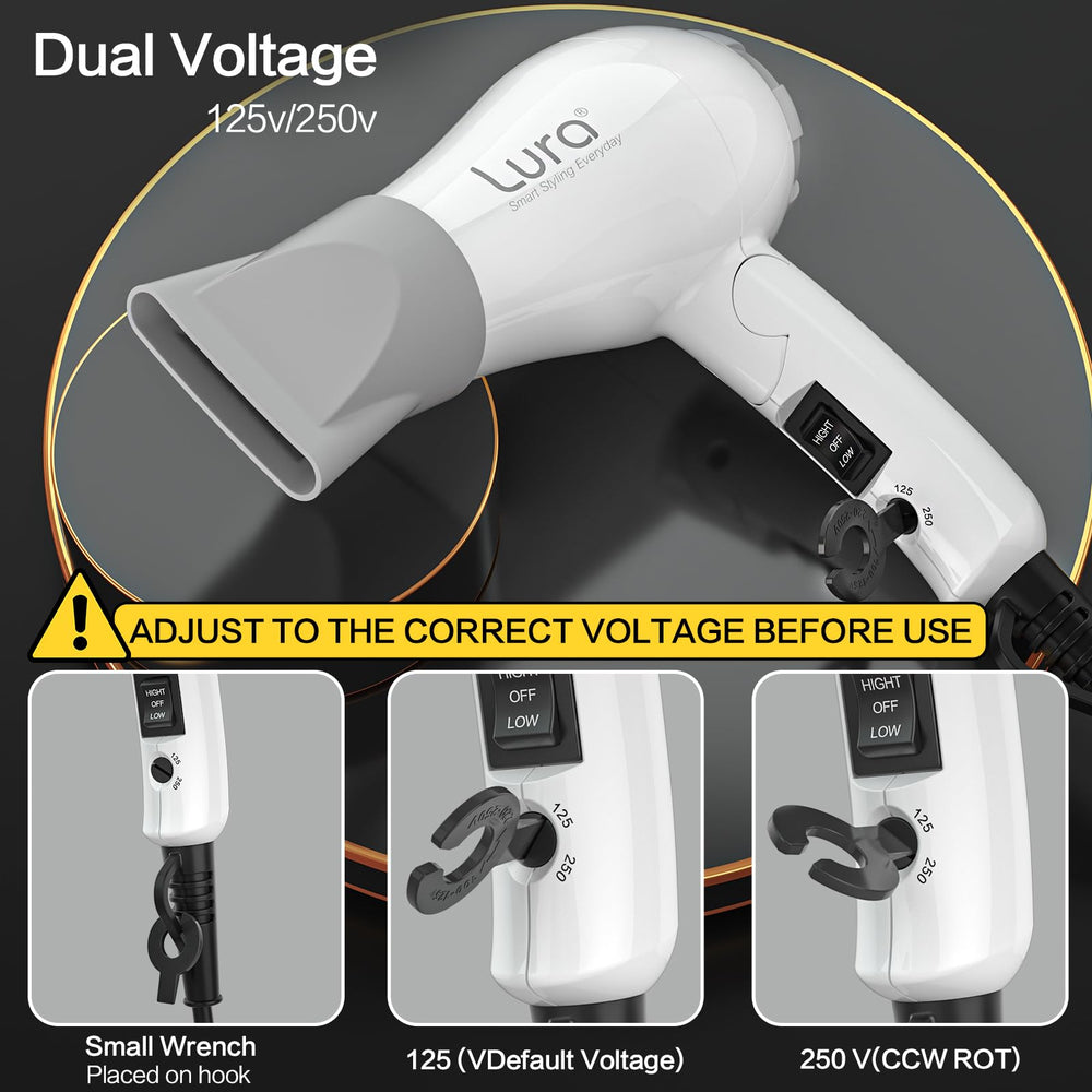 LURA Dual voltage switch and hook shown for international use.