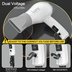 LURA Dual voltage switch and hook shown for international use.