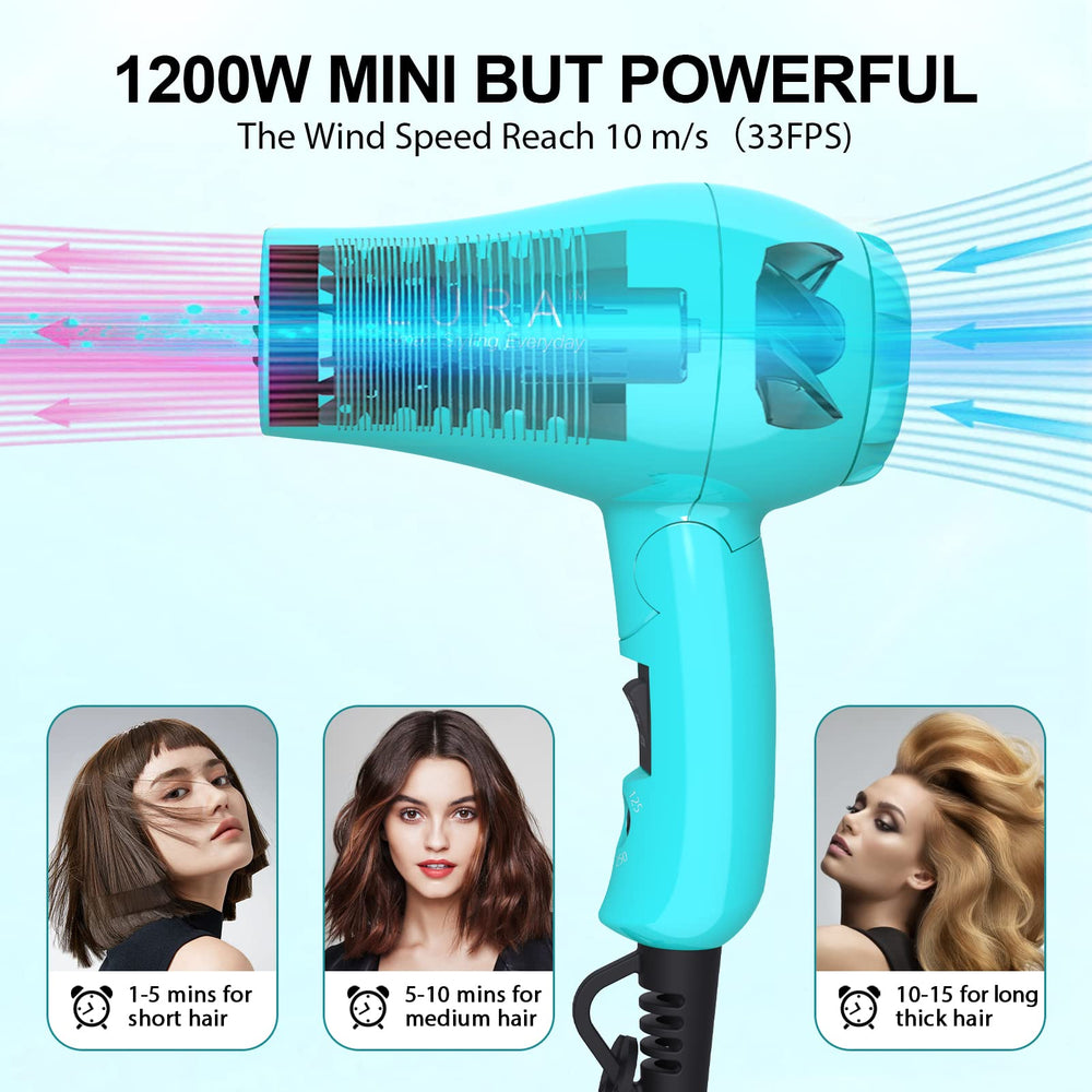 LURA dual-voltage travel hair dryer blue voltage-switch for worldwide compatibility.