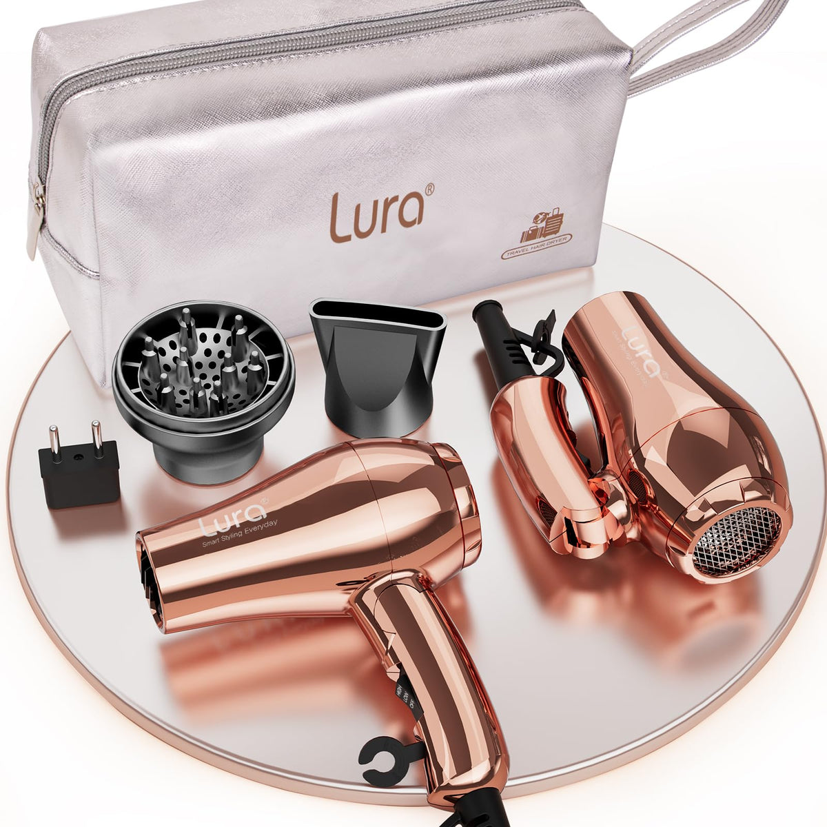LURA dual-voltage travel hair dryer front view showcases compact, easy-pack design for on-the-go styling.
