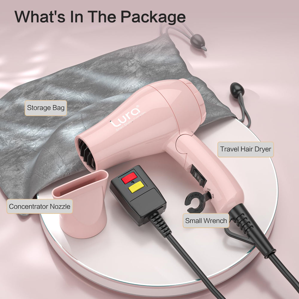 LURA foldable travel hair dryer mini pink concentrate nozzle for precise styling