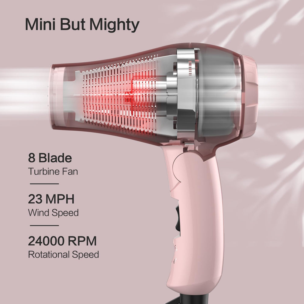 LURA foldable travel hair dryer mini pink dual-voltage 125-250V for global use