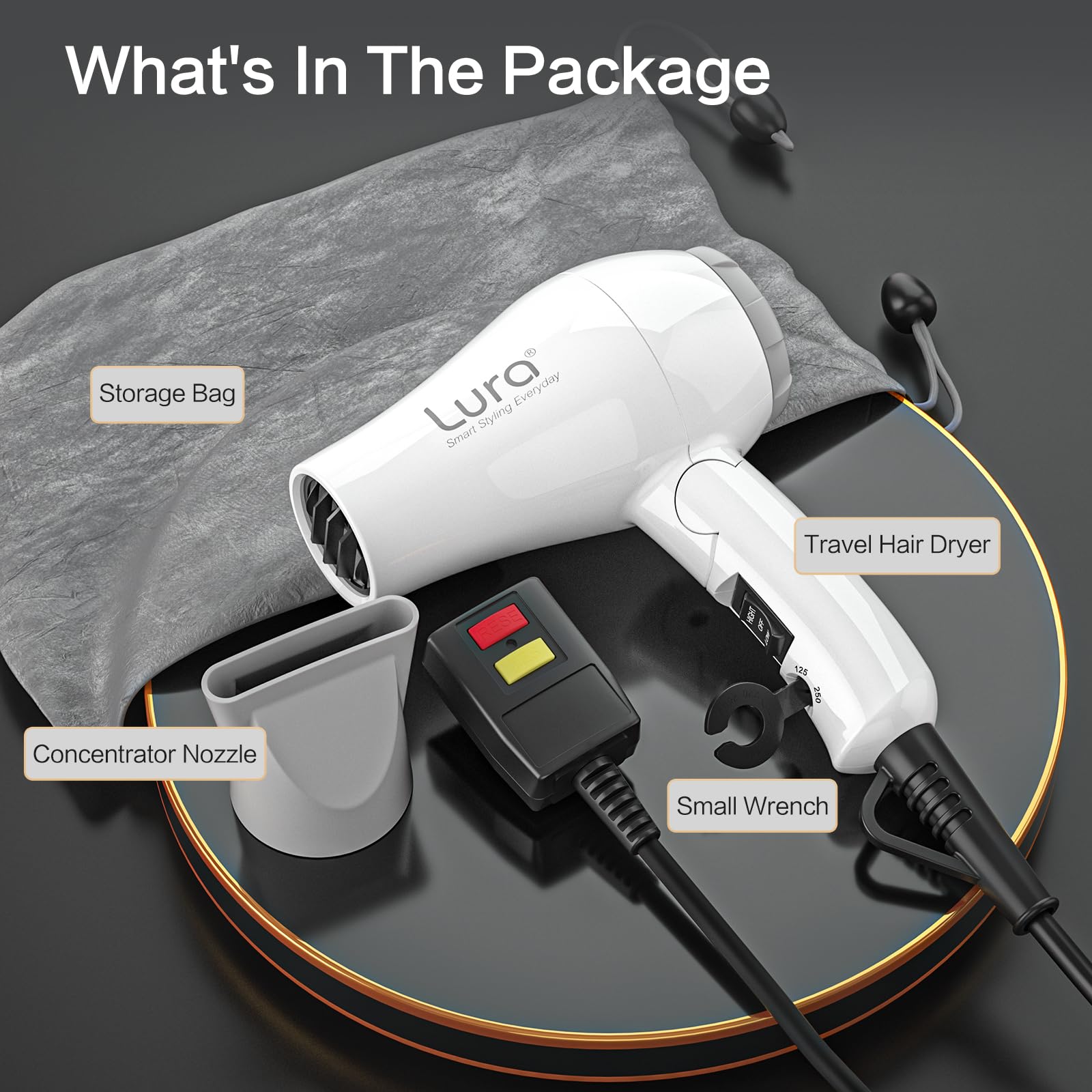 LURA Storage bag keeps dryer accessories organized during travel.