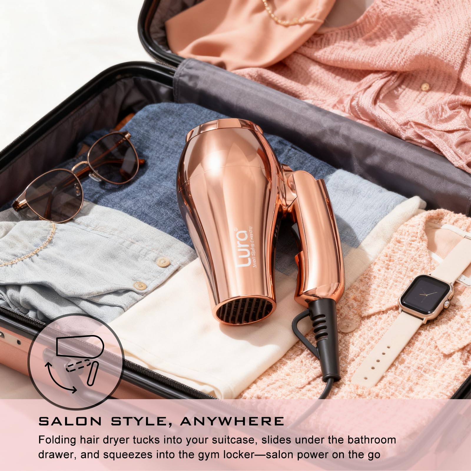 LURA mini travel hair dryer concentrator-attachment enables precise, focused styling.