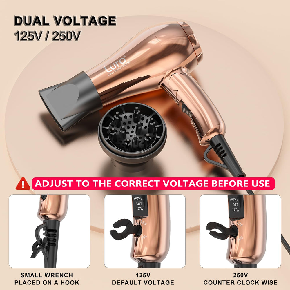 LURA mini travel hair dryer dual-voltage supports international travel with simple voltage switching.