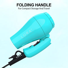 LURA portable travel hair dryer blue concentrator-nozzle enables precise styling on the go.