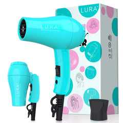 LURA portable travel hair dryer blue folding-handle for compact packing on trips.