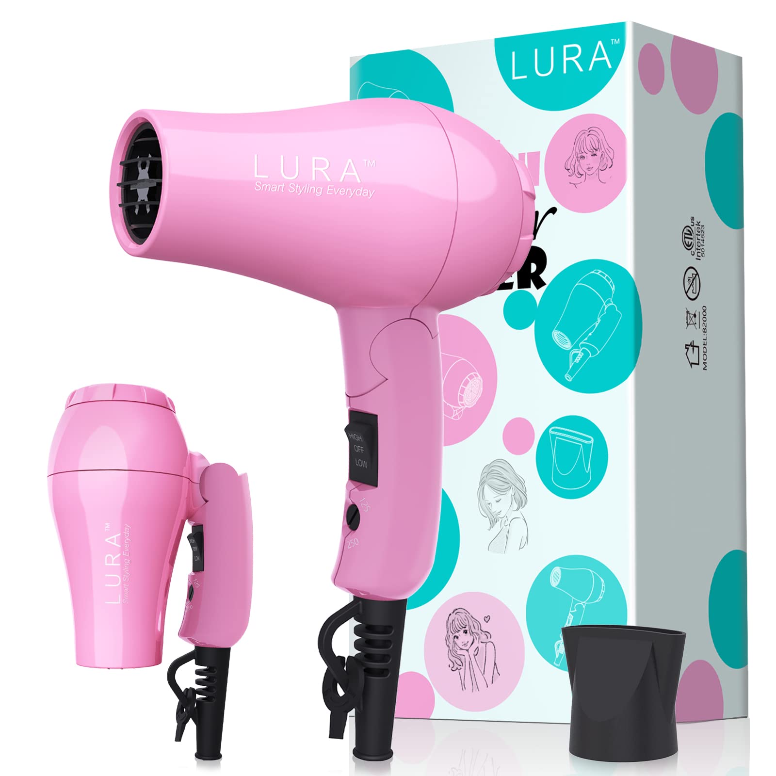 LURA portable travel hair dryer with folding handle for compact packing and easy travel.