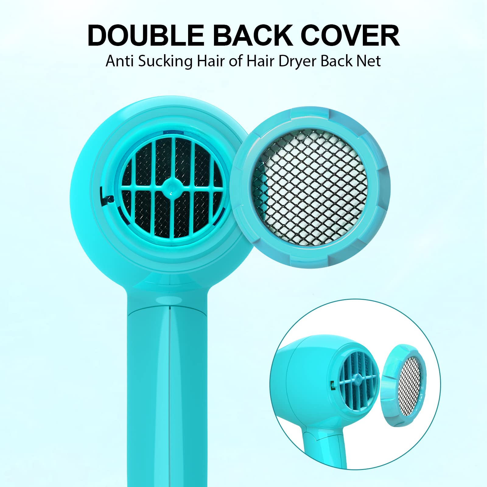 LURA blue travel hair dryer with removable inlet-filter for easy cleaning.