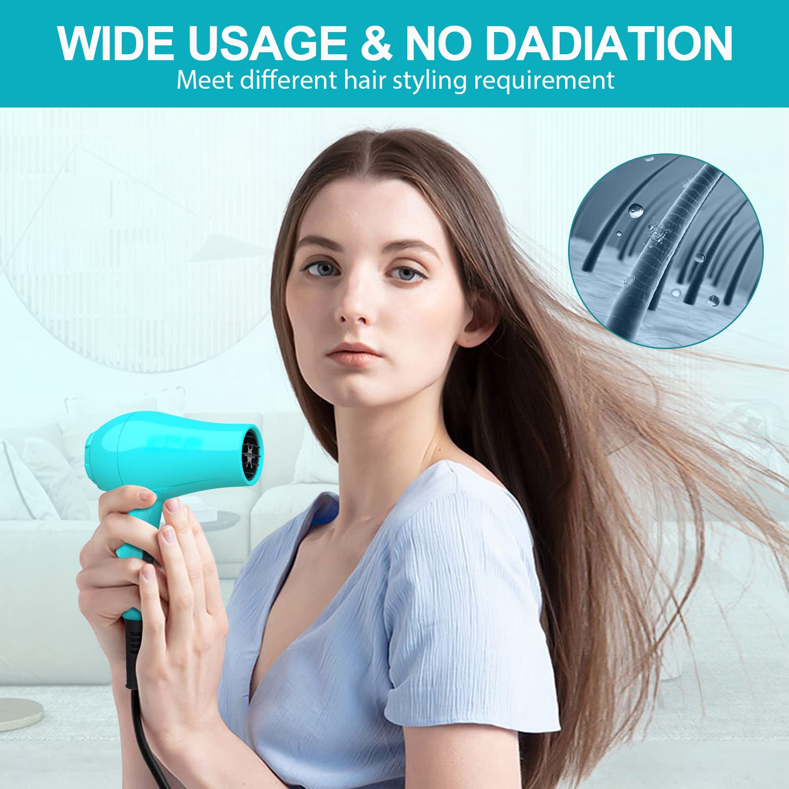 LURA blue travel hair dryer showing 5.9ft cord for flexible styling.