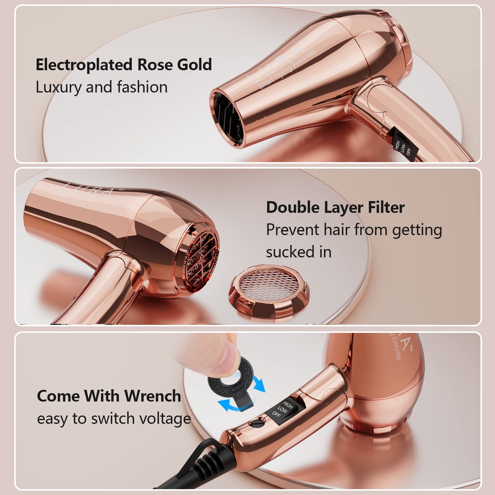 LURA dual voltage travel dryer in use, delivering quick, flexible styling.