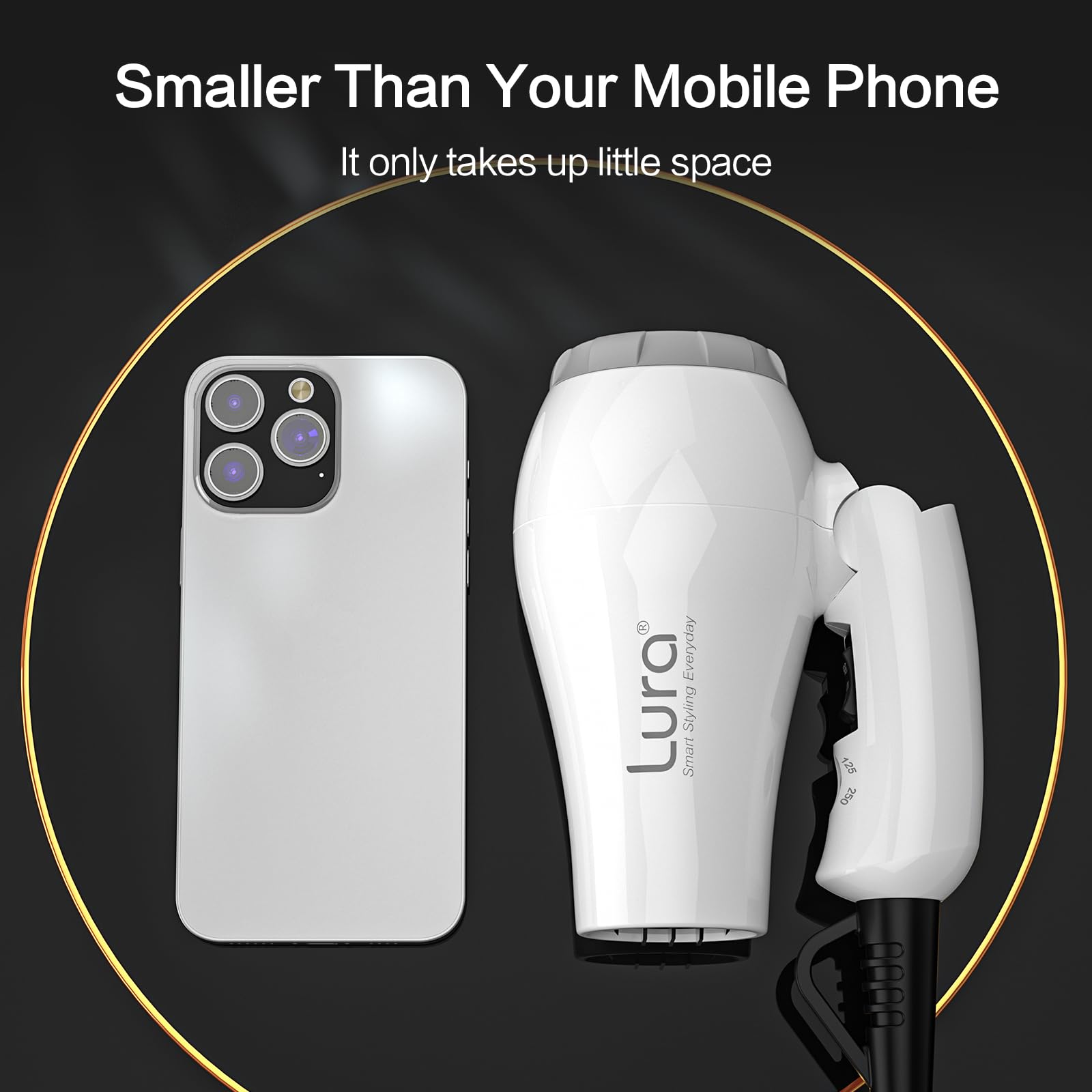 LURA Travel Hair Dryer Mini compact size suitable for on-the-go packing.