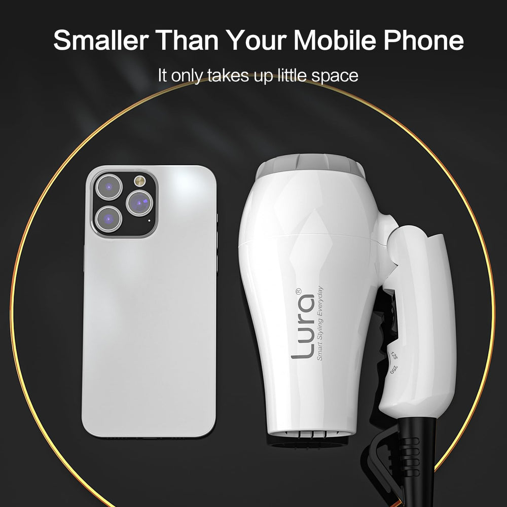 LURA Travel Hair Dryer Mini compact size suitable for on-the-go packing.