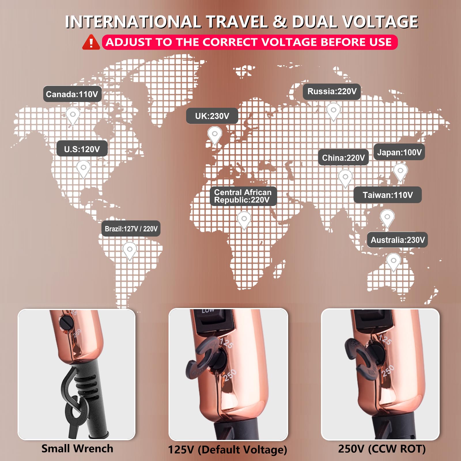 LURA dual voltage dryer with UK and EU plugs beside the sleek travel case.