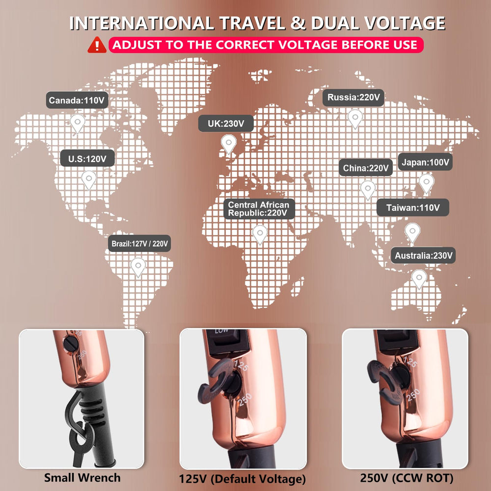LURA dual voltage dryer with UK and EU plugs beside the sleek travel case.
