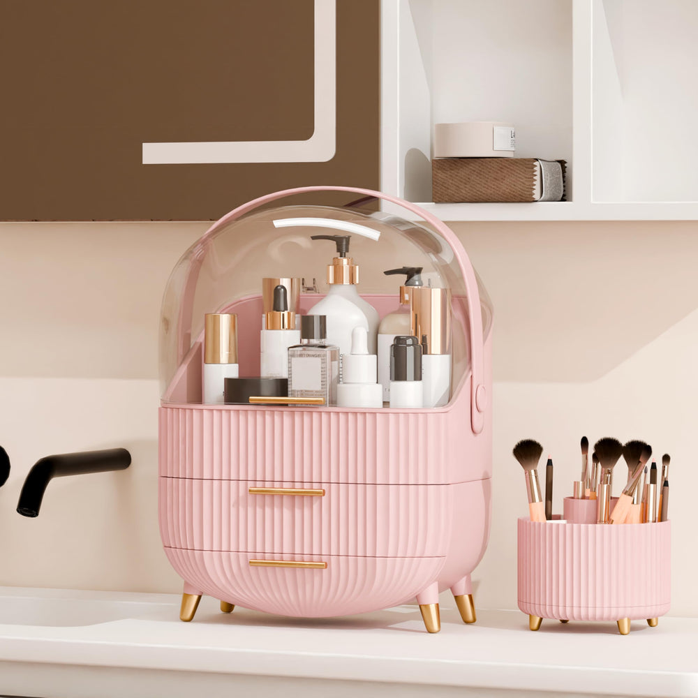 Lurcns makeup organizer with clear lid offers quick access while protecting cosmetics.
