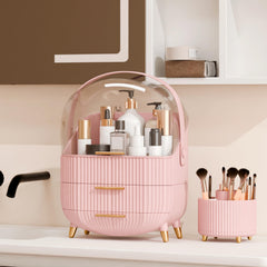 Lurcns makeup organizer with clear lid offers quick access while protecting cosmetics.