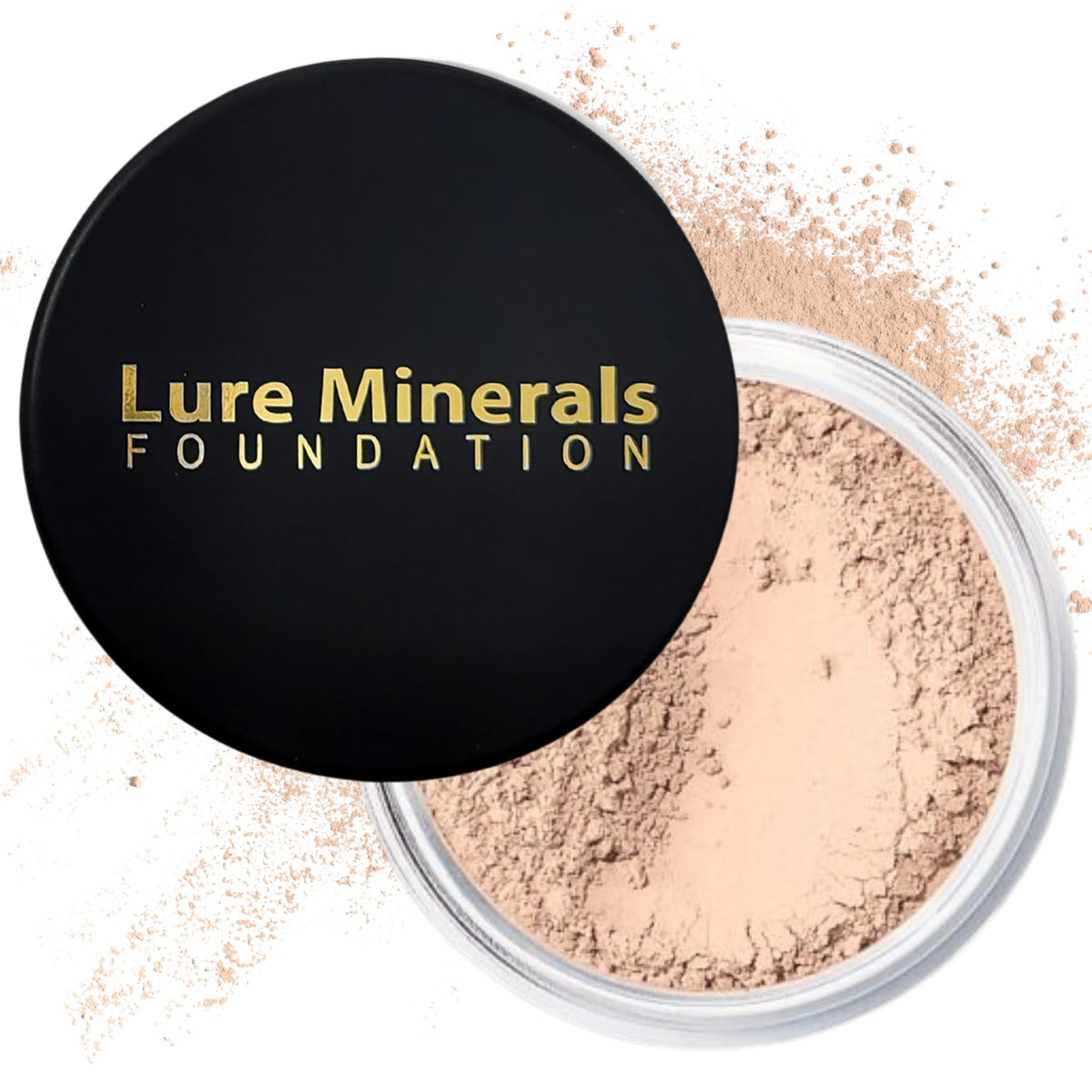 Lure Minerals foundation bottle shows shade options for daily wear.