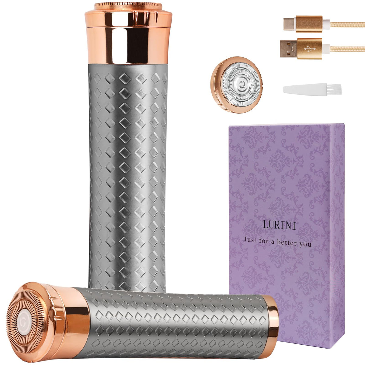 Lurini facial hair remover in silver for painless, portable facial grooming.